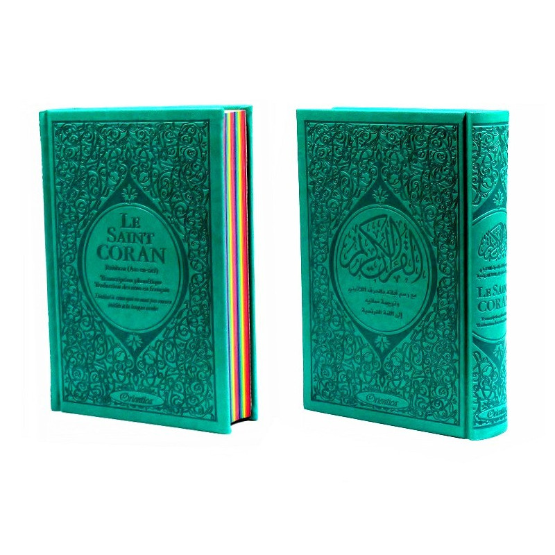Le Saint Coran Arc en Ciel - Arabe / Français / Phonétique - Edition De Luxe - Couverture En Daim Couleur Vert Bleu