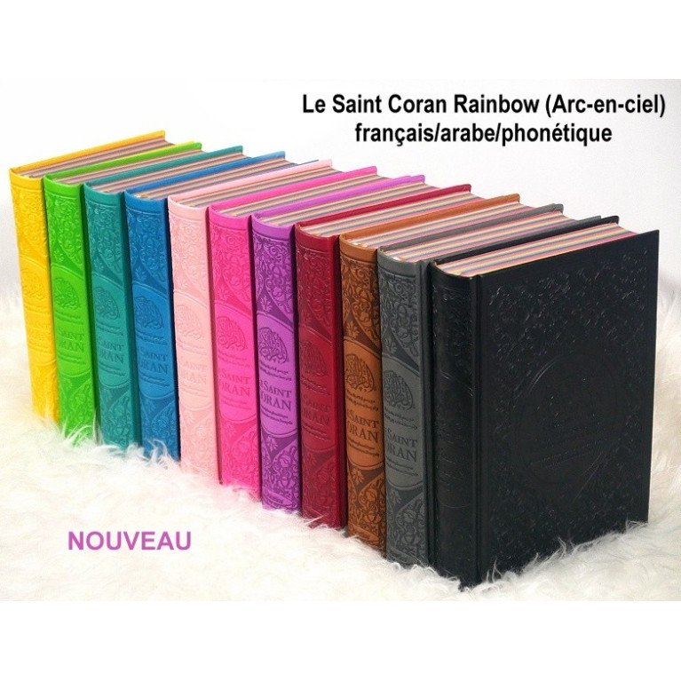 Le Saint Coran Arc en Ciel - Arabe / Français / Phonétique - Edition De Luxe - Couverture En Daim Couleur Vert Bleu