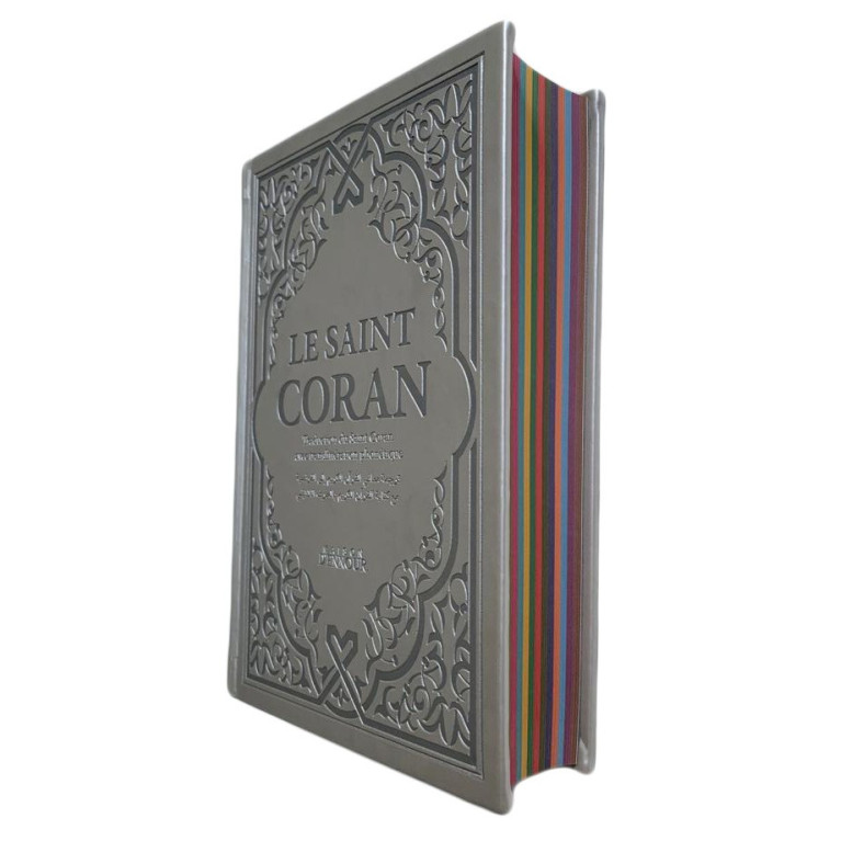 Le Saint Coran Argenté - Couverture Daim - Pages Arc-En-Ciel - Français-Arabe-Phonétique - Maison Ennour