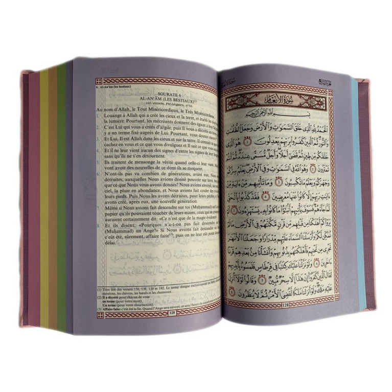 Le Saint Coran Rose - Couverture Daim - Pages Arc-En-Ciel - Français-Arabe - Sana