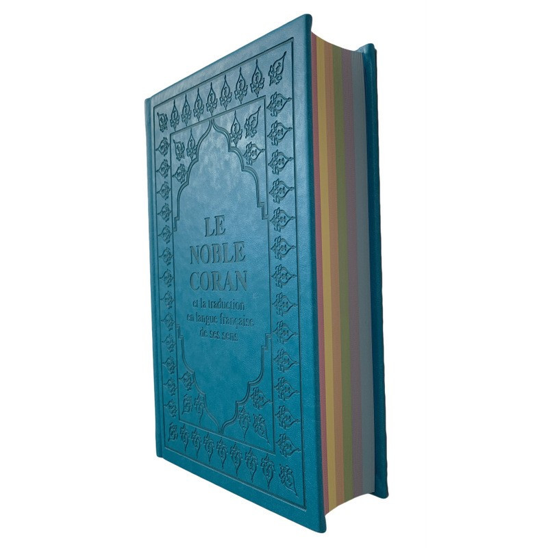 Le Saint Coran Bleu Turquoise - Couverture Daim - Pages Arc-En-Ciel - Français-Arabe - Sana