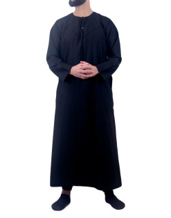 Qamis Omani Noir - Manche Longue - Sans Col - Tissu Non Glacé - Qamis Sultan