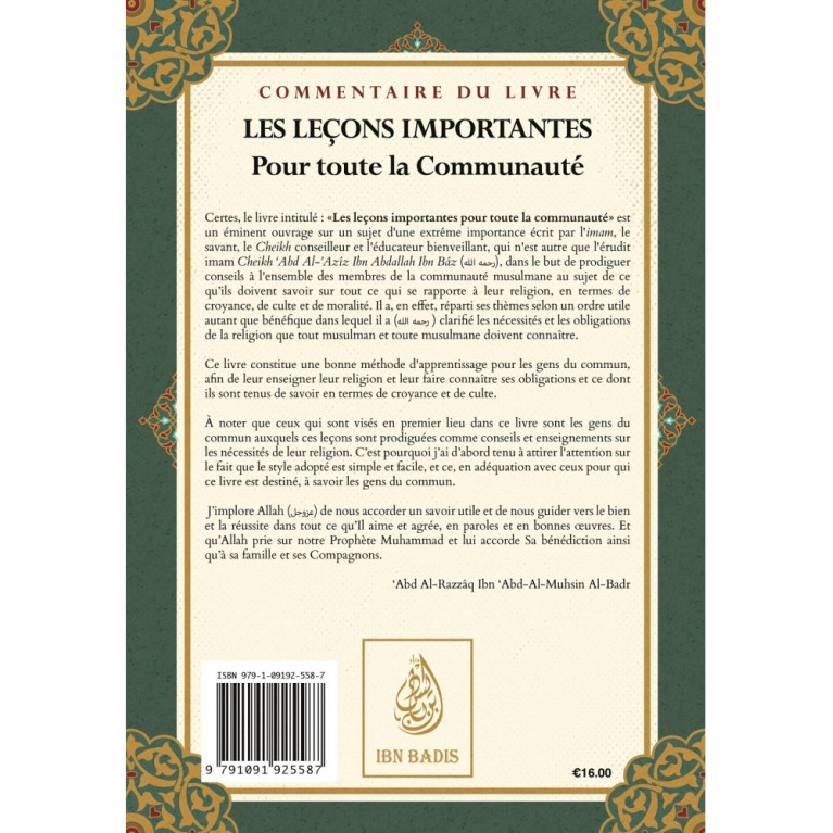 Les Leçons Importantes - Ibn Bâz - Commentaire d'Abd Ar-Razzaq Al-Badr - Ibn Badis - Ibn Badis