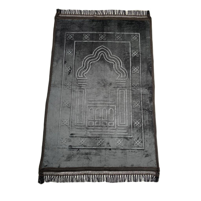 Grand Tapis de Prière - Gris Anthracite - Motif Mirhab - Molletonné, Épais et Très Doux - Confortable et Anti-Dérapant