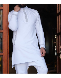 Qamis Court - Blanc et Broderie Argenté - Qaba'il : Eminence