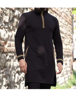 Qamis Court - Noir et Broderie Doré - Qaba'il : Eminence