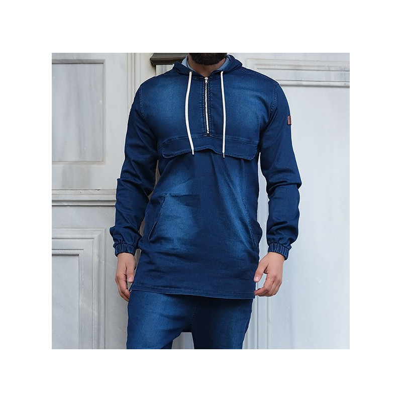 Sweat Capuche en Jean Stretch - Bleu Brut - Qaba'il : Haut Kameron