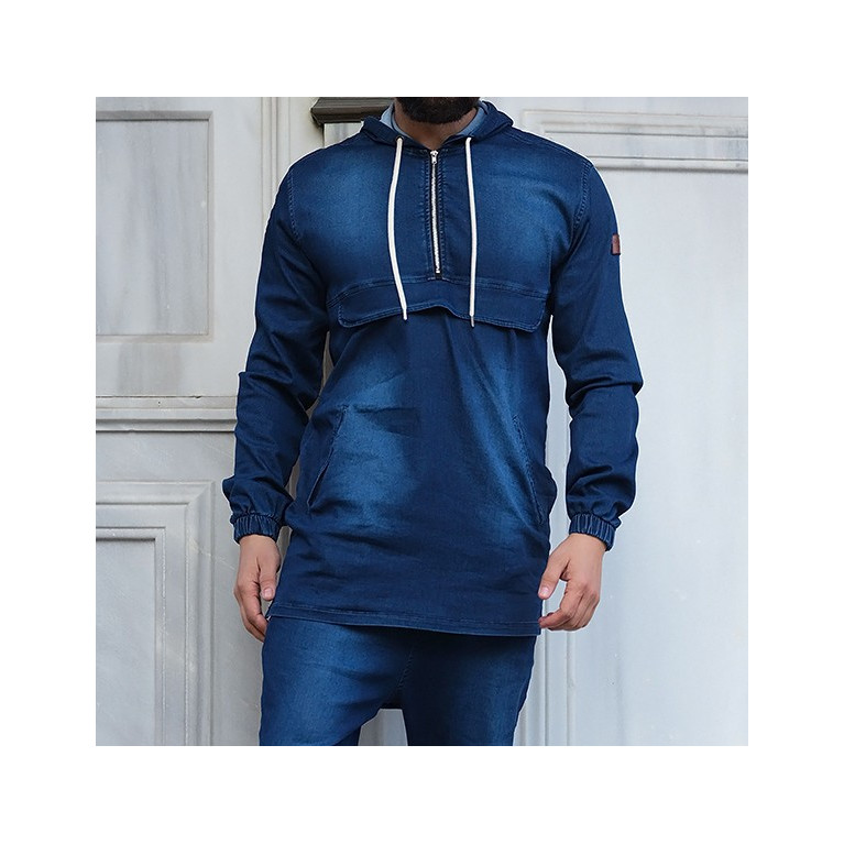 Sweat Capuche en Jean Stretch - Bleu Brut - Qaba'il : Haut Kameron Sweat Capuche en Jean Stretch - Bleu Brut - Qaba'il : Haut Kameron