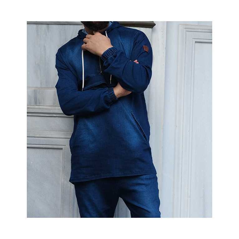 Sweat Capuche en Jean Stretch - Bleu Brut - Qaba'il : Haut Kameron Sweat Capuche en Jean Stretch - Bleu Brut - Qaba'il : Haut Kameron