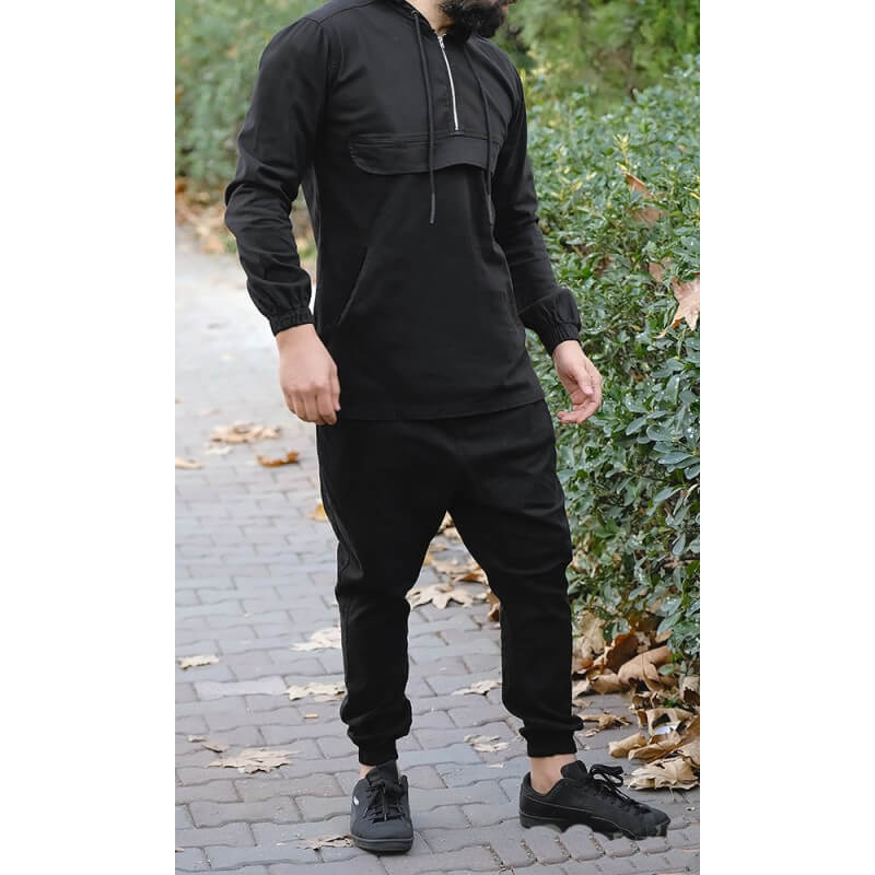 Ensemble Sarouel et Sweat Capuche Coton Strecht - Noir, Survêtement Qaba'il : Coton Strecht Kameron