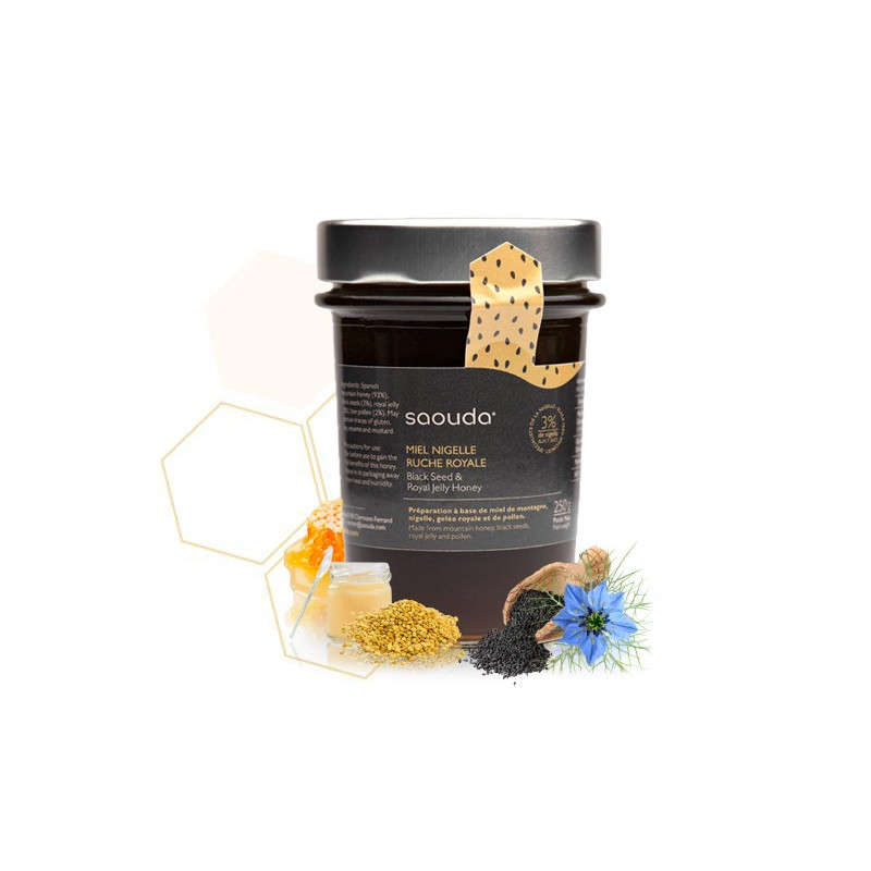 Miel de Montagne à la Nigelle (Obtenue par Cryobroyage) et Gelée Royale - Saouda 250 gr