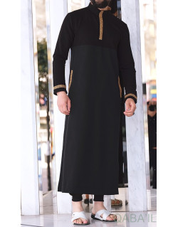 Qamis Long - Noir et Broderie Doré - Qaba'il : Eminence