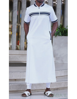 Qamis Manche Courte Blanc et Bleu Nuit Qaba'il : Navy III