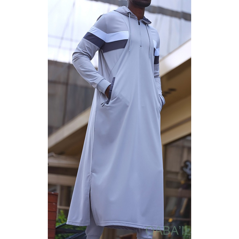 Qamis Long Capuche Jogging Gris Clair - Trial - Qaba'il