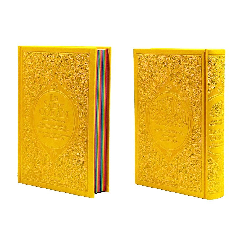 Le Saint Coran Arc en Ciel - Arabe / Français / Phonétique - Edition De Luxe - Couverture En Daim Couleur Jaune 