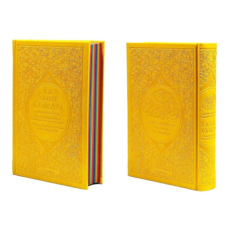 Le Saint Coran Arc en Ciel - Arabe / Français / Phonétique - Edition De Luxe - Couverture En Daim Couleur Jaune 