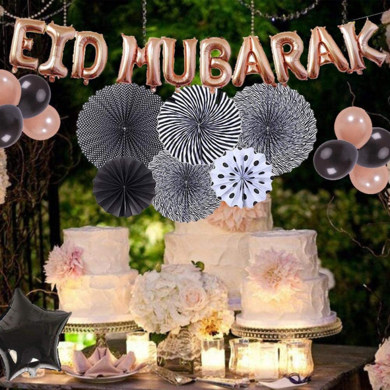 Banderole Rose EID MUBARAK + 20 Ballons et 4 Etoiles + 6 Rosasse - Mooslim Toys