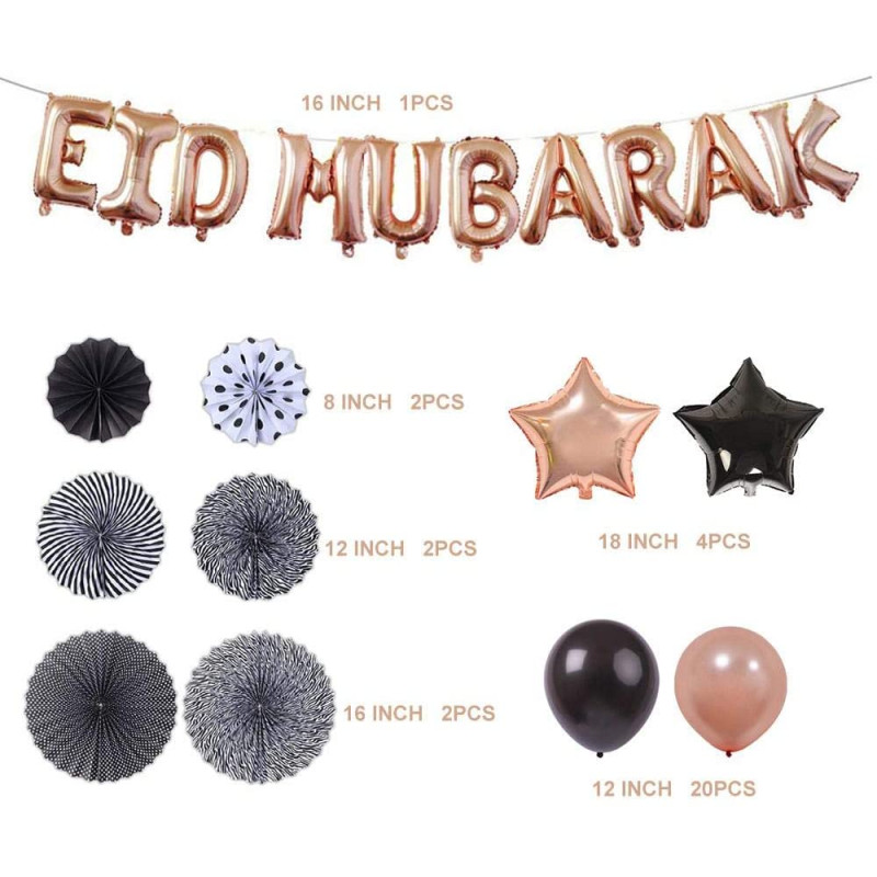 Banderole Rose EID MUBARAK + 20 Ballons et 4 Etoiles + 6 Rosasse - Mooslim Toys