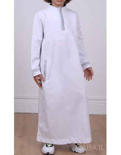 Qamis BlancLong Brodé Argent- Manches Longues Qaba'il : Eminence
