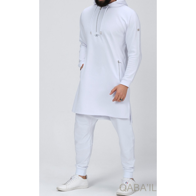 Qamis Court Basic avec Capuche - Blanc et Argent - Qaba'il : HOOD GS