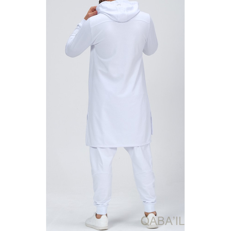 Qamis Court Basic avec Capuche - Blanc et Argent - Qaba'il : HOOD GS