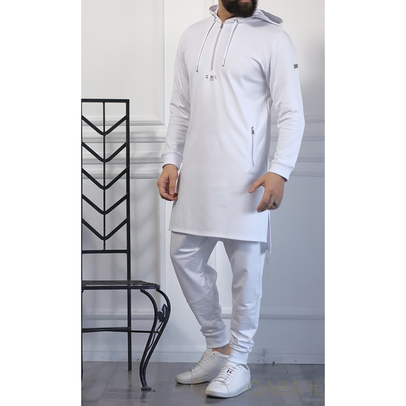 Qamis Court Basic avec Capuche - Blanc et Argent - Qaba'il : HOOD GS