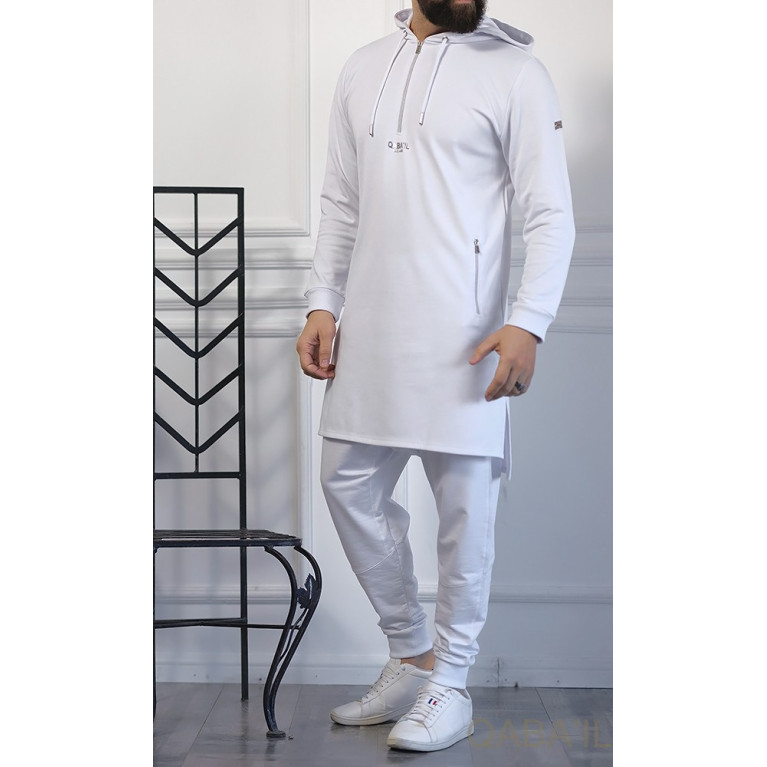 Qamis Court Basic avec Capuche - Blanc et Argent - Qaba'il : HOOD GS