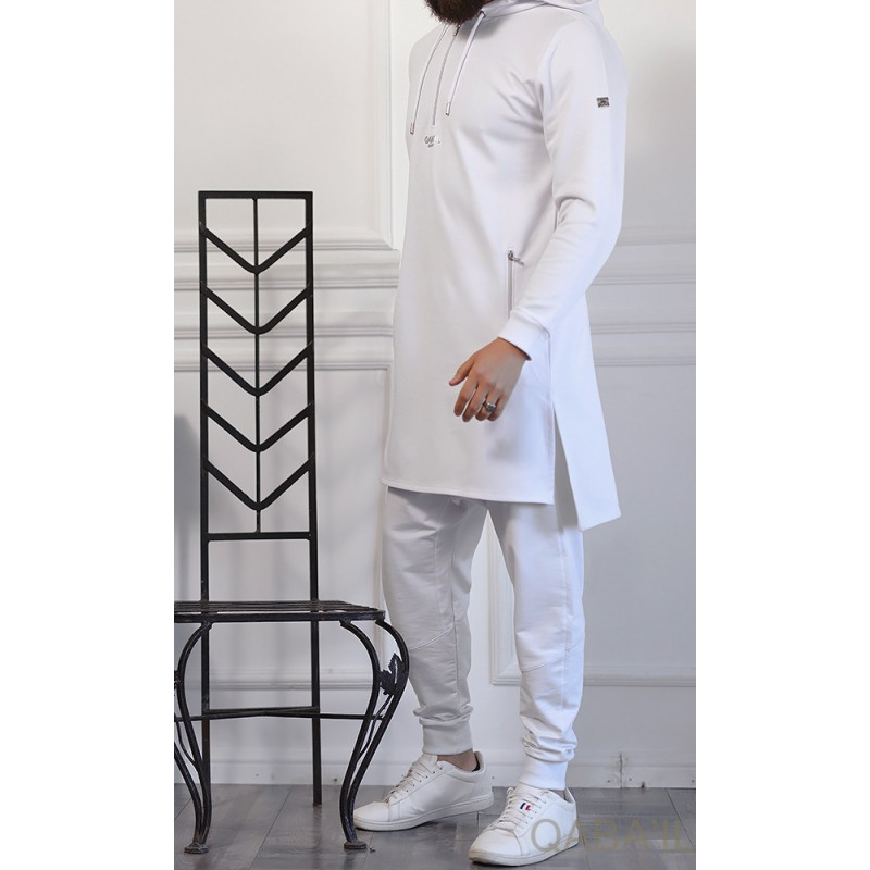 Qamis Court Basic avec Capuche - Blanc et Argent - Qaba'il : HOOD GS