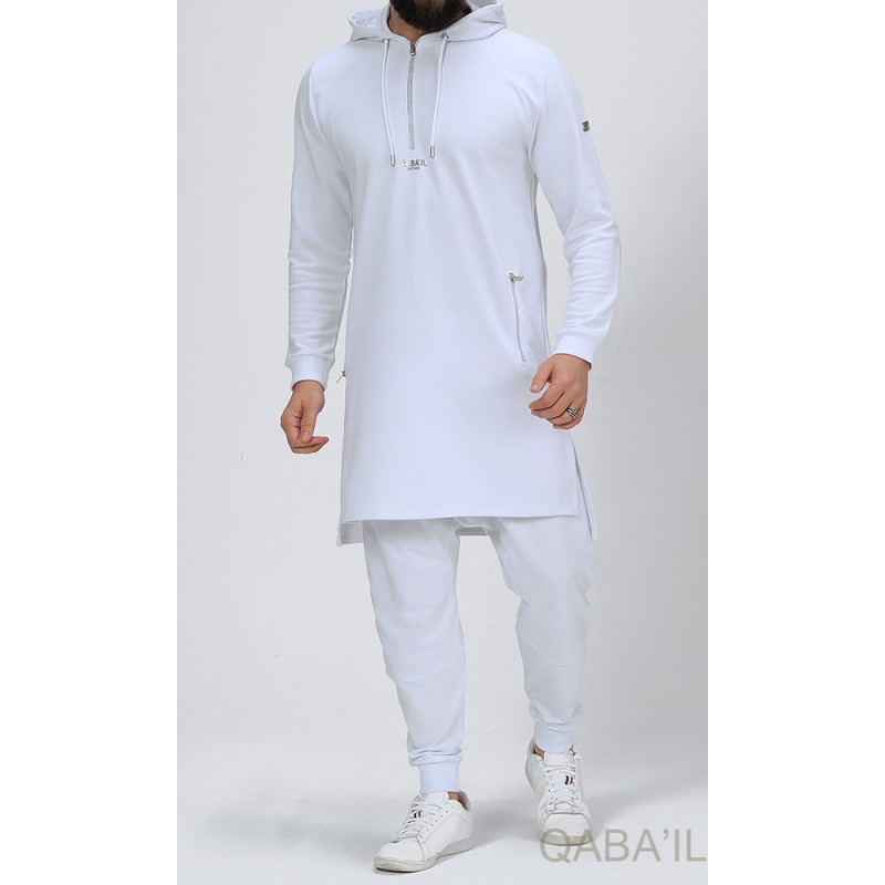 Qamis Court Basic avec Capuche - Blanc et Argent - Qaba'il : HOOD GS