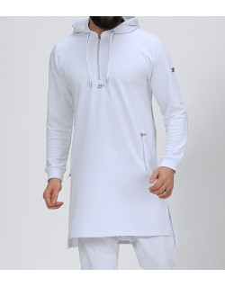 Qamis Court Basic avec Capuche - Blanc et Argent - Qaba'il : HOOD GS