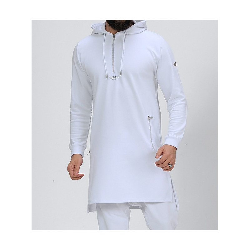 Qamis Court Basic avec Capuche - Blanc et Argent - Qaba'il : HOOD GS