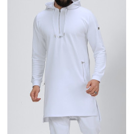 Qamis Court Basic avec Capuche - Blanc et Argent - Qaba'il : HOOD GS