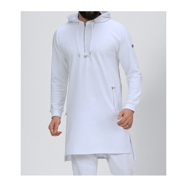 Qamis Court Basic avec Capuche - Blanc et Argent - Qaba'il : HOOD GS