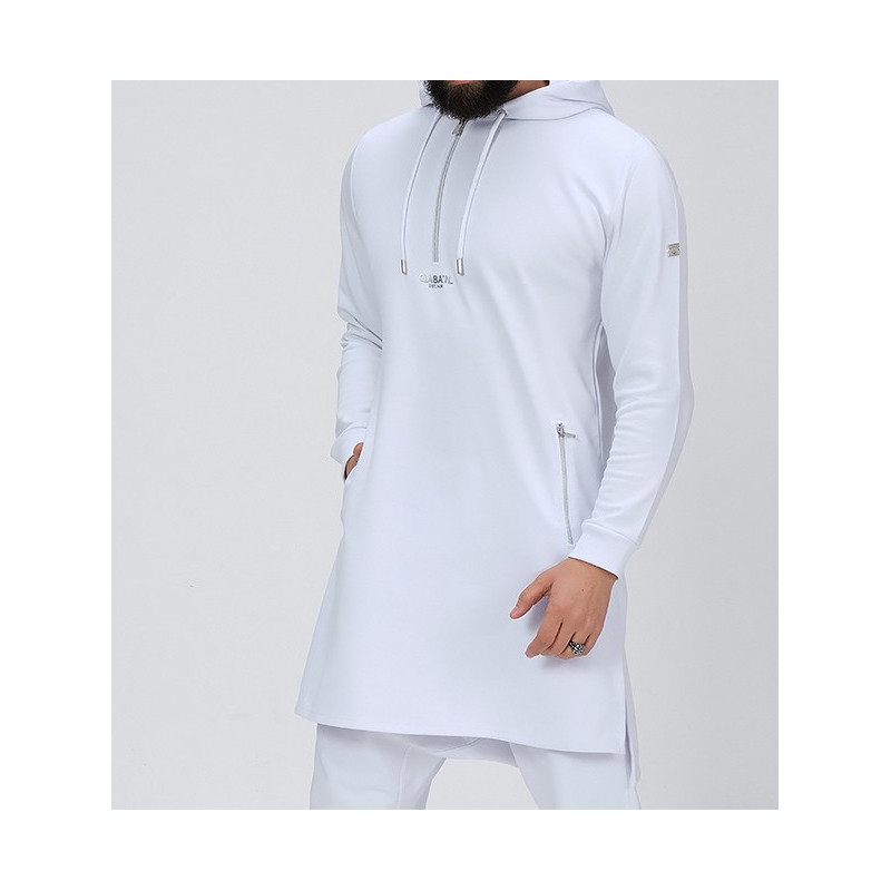 Qamis Court Basic avec Capuche - Blanc et Argent - Qaba'il : HOOD GS