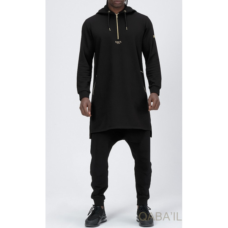 Qamis Court Basic avec Capuche - Noir et Or - Qaba'il : HOOD GS