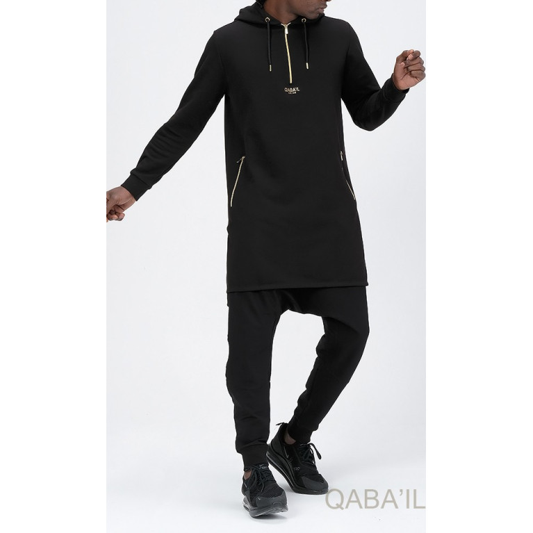 Qamis Court Basic avec Capuche - Noir et Or - Qaba'il : HOOD GS