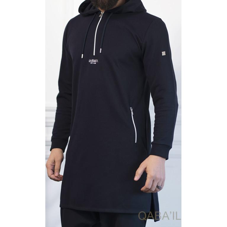 Qamis Court Basic avec Capuche - Bleu Nuit et Argent - Qaba'il : HOOD GS