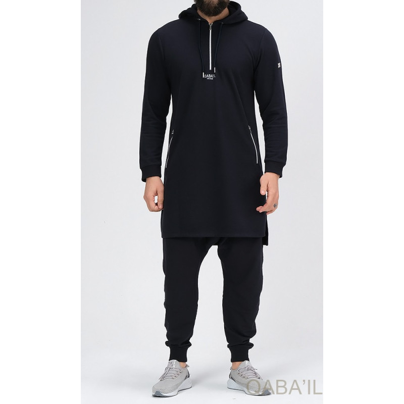 Qamis Court Basic avec Capuche - Bleu Nuit et Argent - Qaba'il : HOOD GS