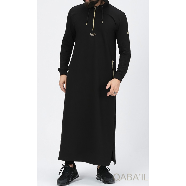 Qamis Long Basic avec Capuche - Noir et Or - Qaba'il : HOOD GS