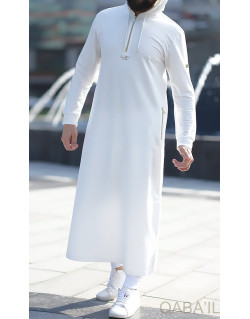 Qamis Long Basic avec Capuche - Blanc Cassé et Or - Qaba'il : HOOD GS