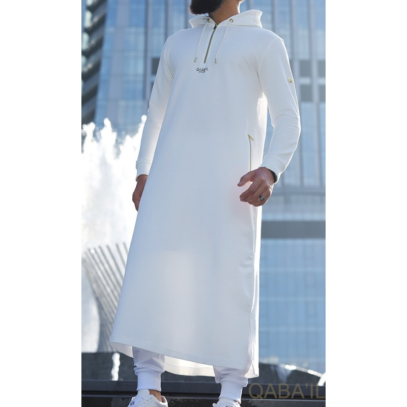 Qamis Long Basic avec Capuche - Blanc Cassé et Or - Qaba'il : HOOD GS