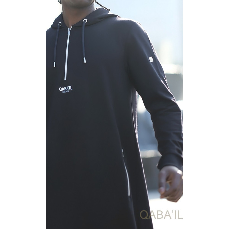 Qamis Long Basic avec Capuche - Bleu Nuit et Argent - Qaba'il : HOOD GS