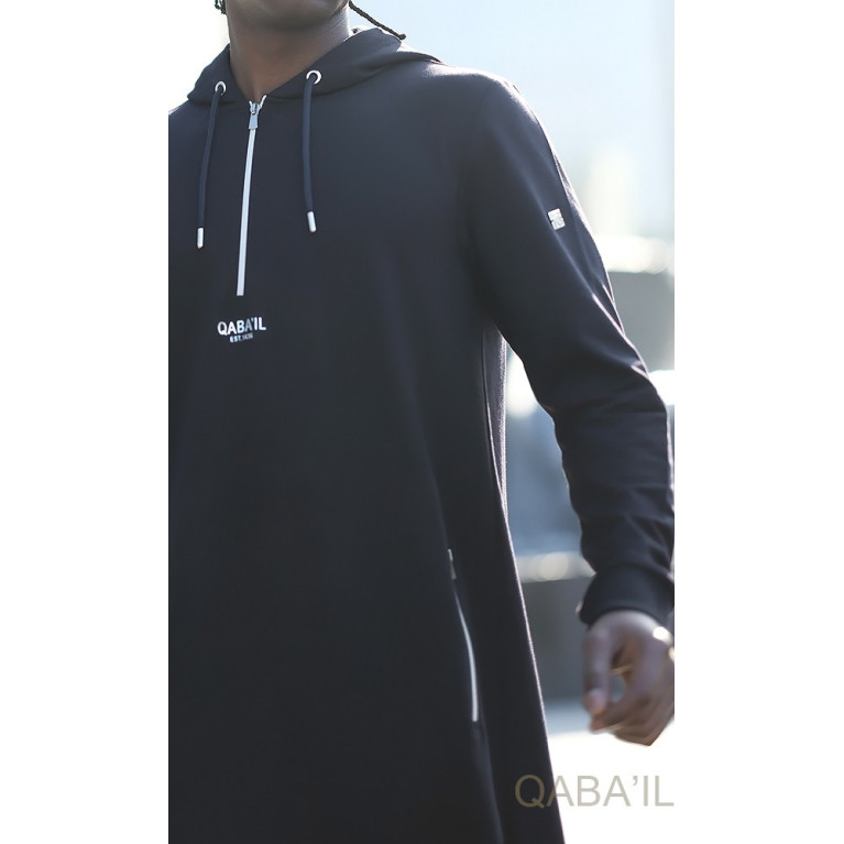 Qamis Long Basic avec Capuche - Bleu Nuit et Argent - Qaba'il : HOOD GS