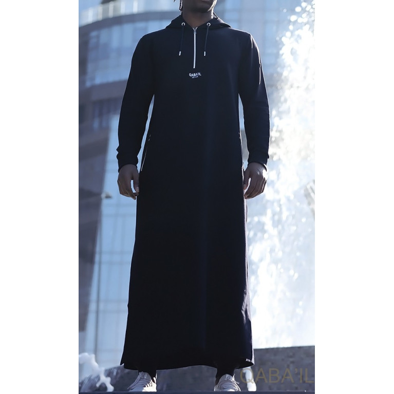 Qamis Long Basic avec Capuche - Bleu Nuit et Argent - Qaba'il : HOOD GS