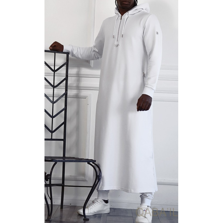 Qamis Long Basic avec Capuche - Blanc et Argent - Qaba'il : HOOD GS