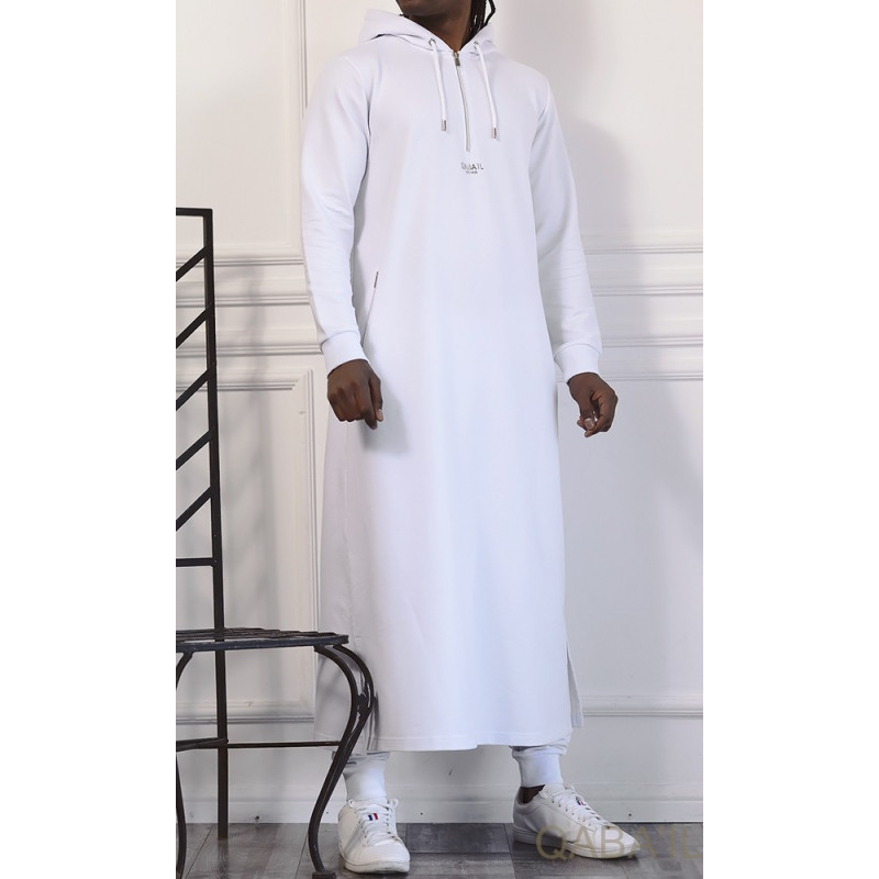 Qamis Long Basic avec Capuche - Blanc et Argent - Qaba'il : HOOD GS