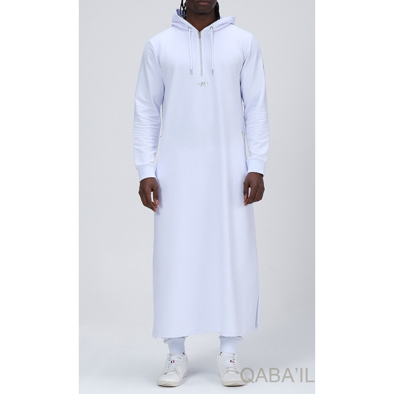 Qamis Long Basic avec Capuche - Blanc et Argent - Qaba'il : HOOD GS