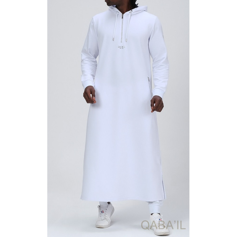 Qamis Long Basic avec Capuche - Blanc et Argent - Qaba'il : HOOD GS