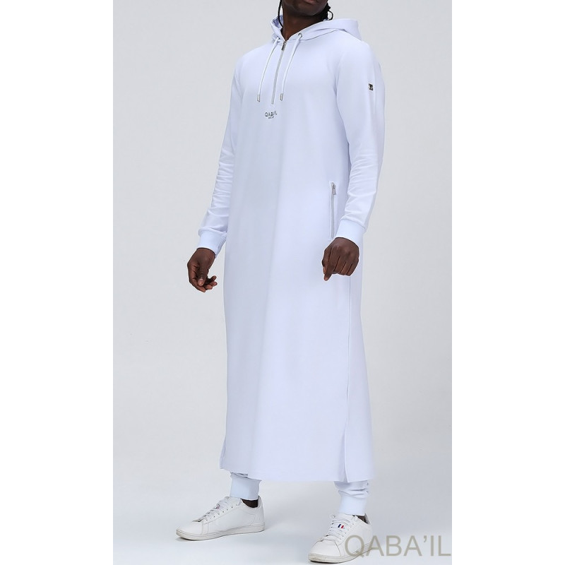 Qamis Long Basic avec Capuche - Blanc et Argent - Qaba'il : HOOD GS