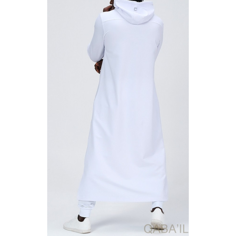 Qamis Long Basic avec Capuche - Blanc et Argent - Qaba'il : HOOD GS